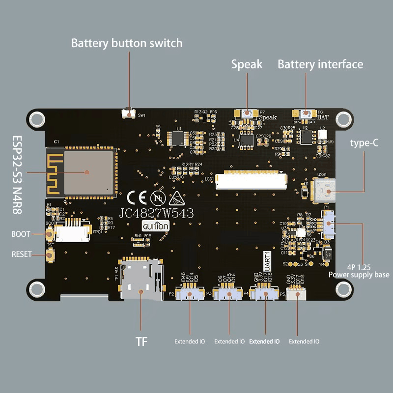 GUITION JC4827W543 裏面のピン配置図。P2〜P5・USB-C・BAT・BOOT/RST