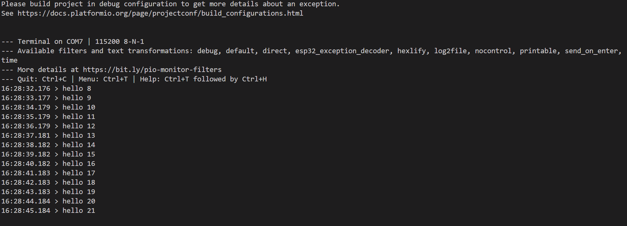Serial Monitor に hello が出た画面