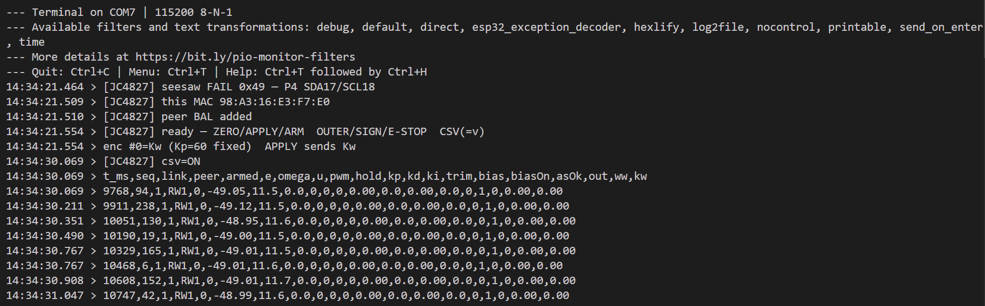 JC4827 のシリアル。CSV の見出しと、link=1、e が約 -49 度、ww が 0 の行