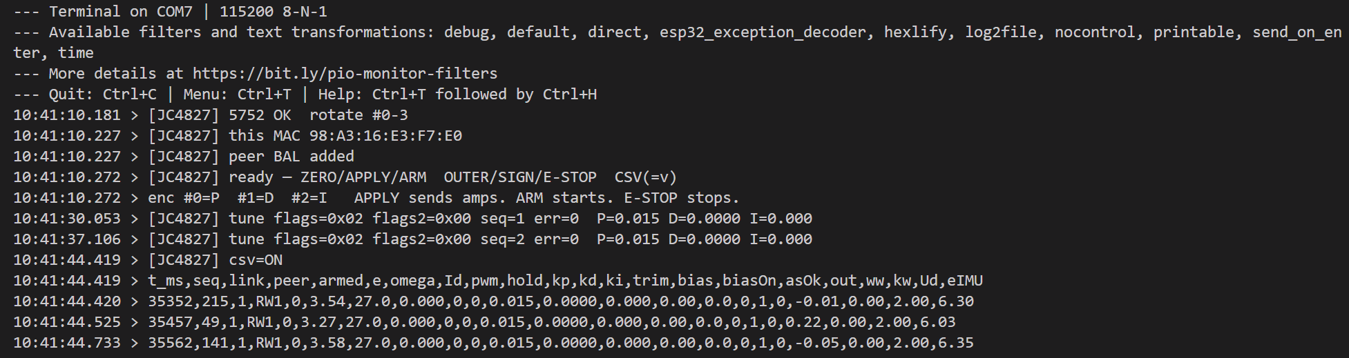 JC4827 のシリアル。CSV の見出しに Id と Ud と eIMU。P は 0.015、Id は 0.000